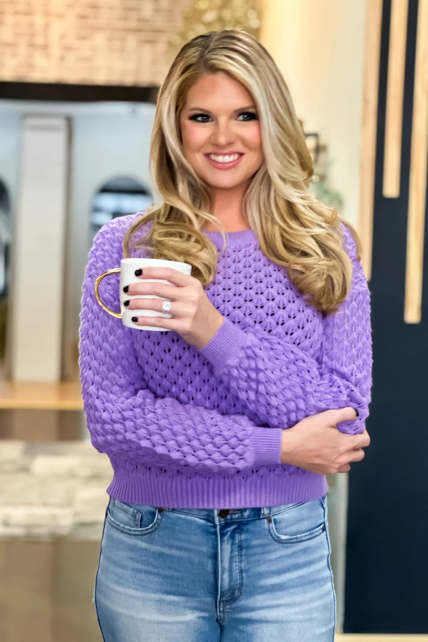 Ambitious Wishes Bubble Crochet Sweater : Lavender