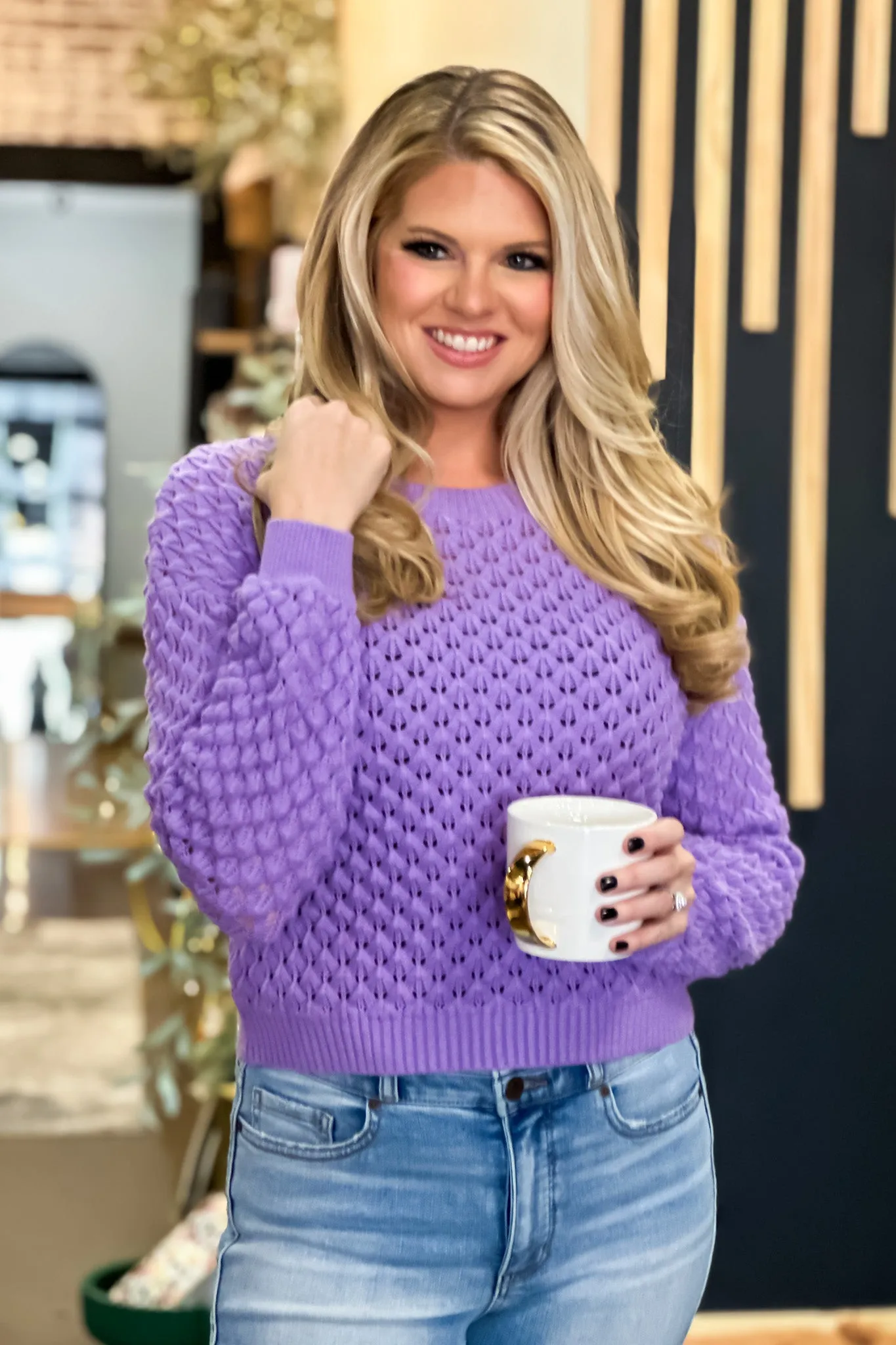 Ambitious Wishes Bubble Crochet Sweater : Lavender