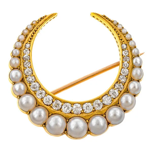 Antique Pearl & Diamond Crescent Pin