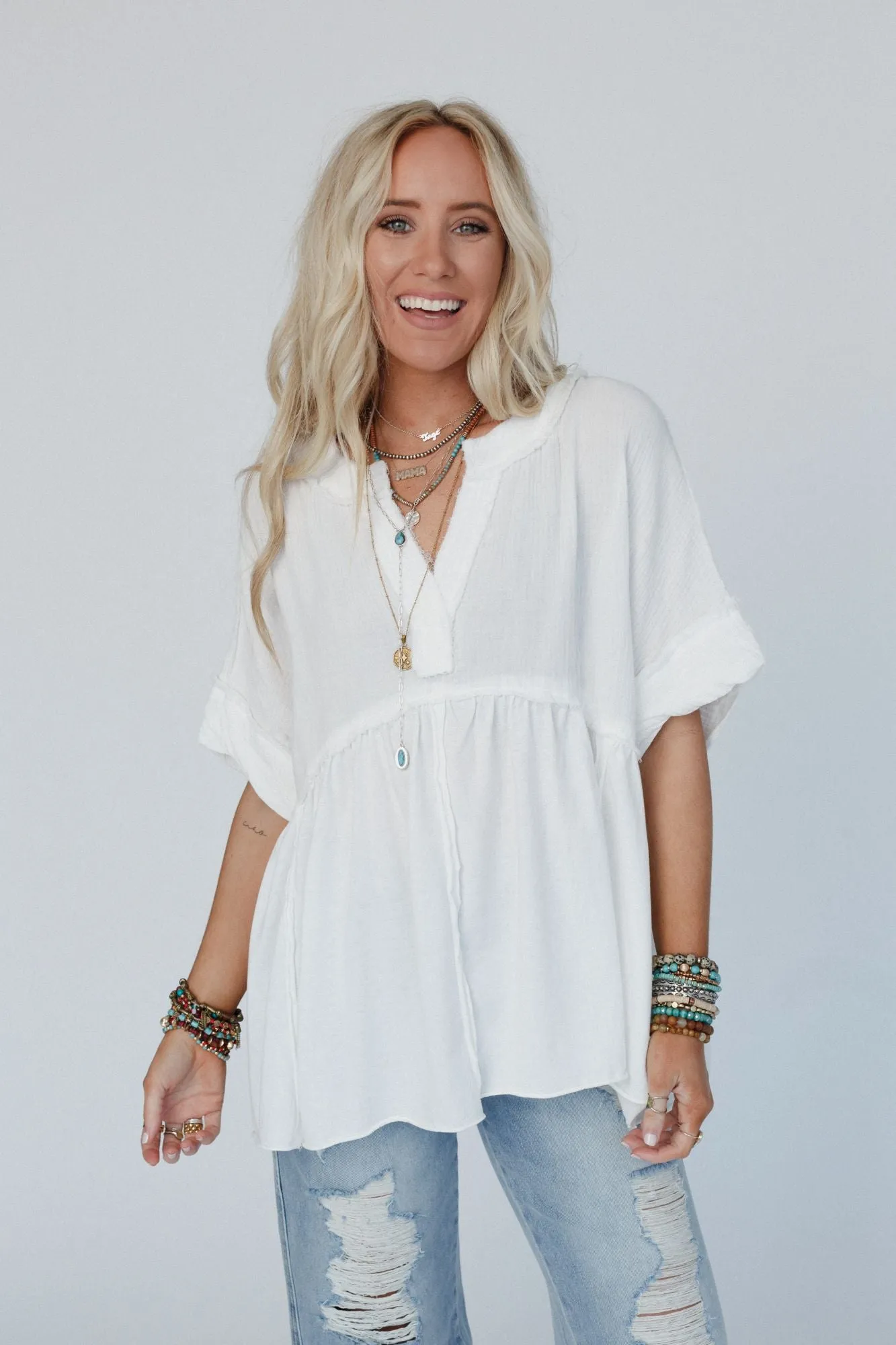 At First Light V Neck Top - Off White