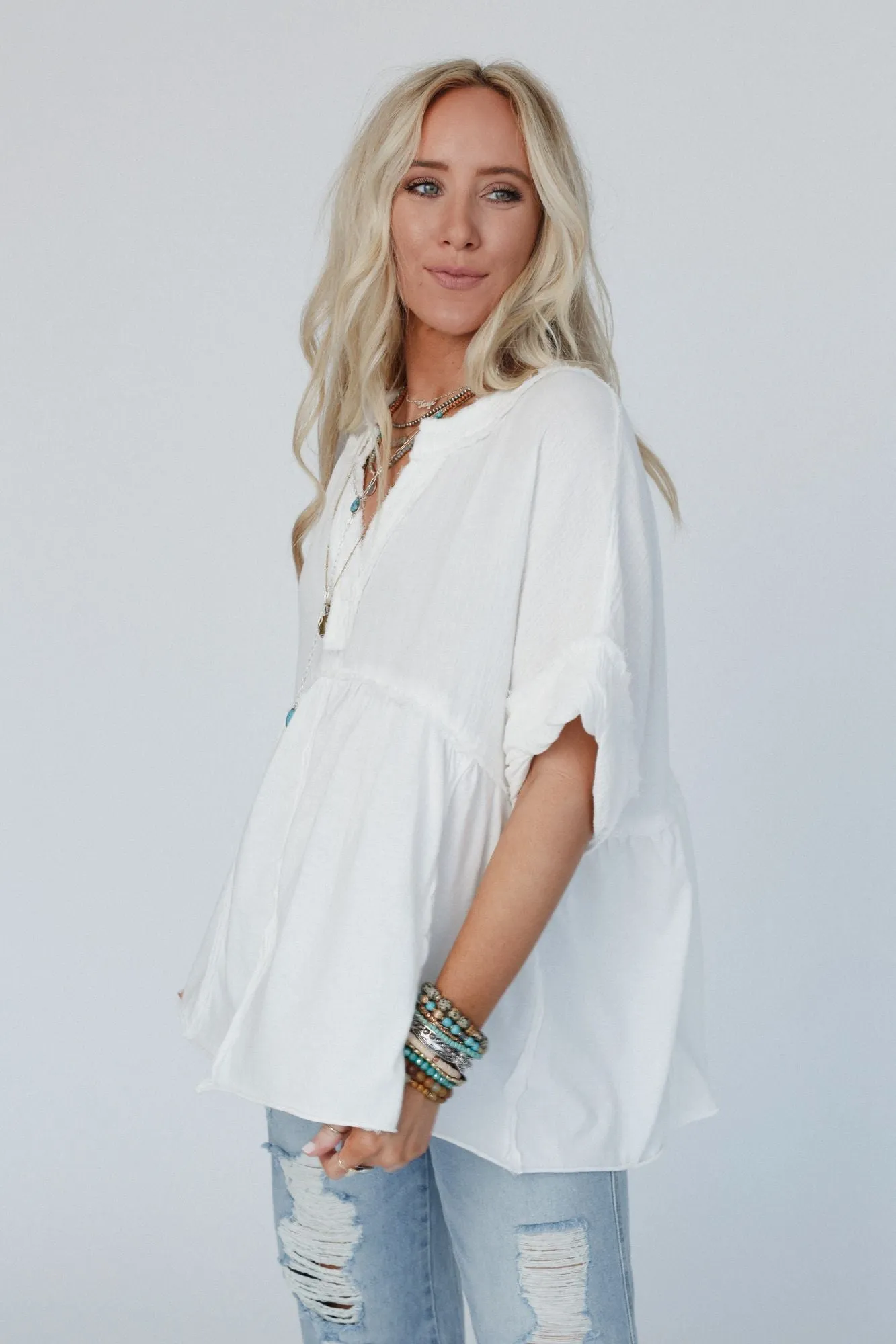 At First Light V Neck Top - Off White