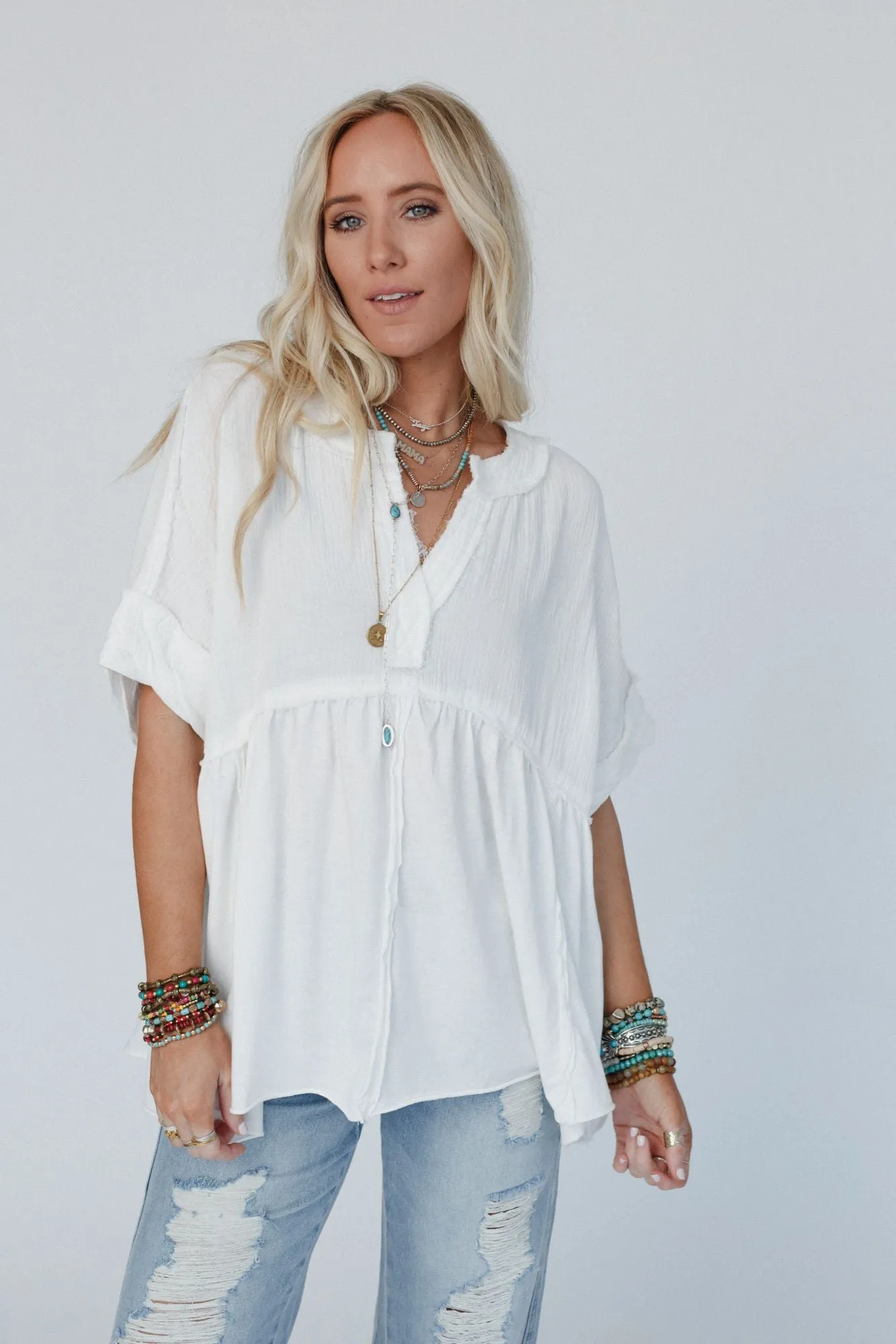 At First Light V Neck Top - Off White