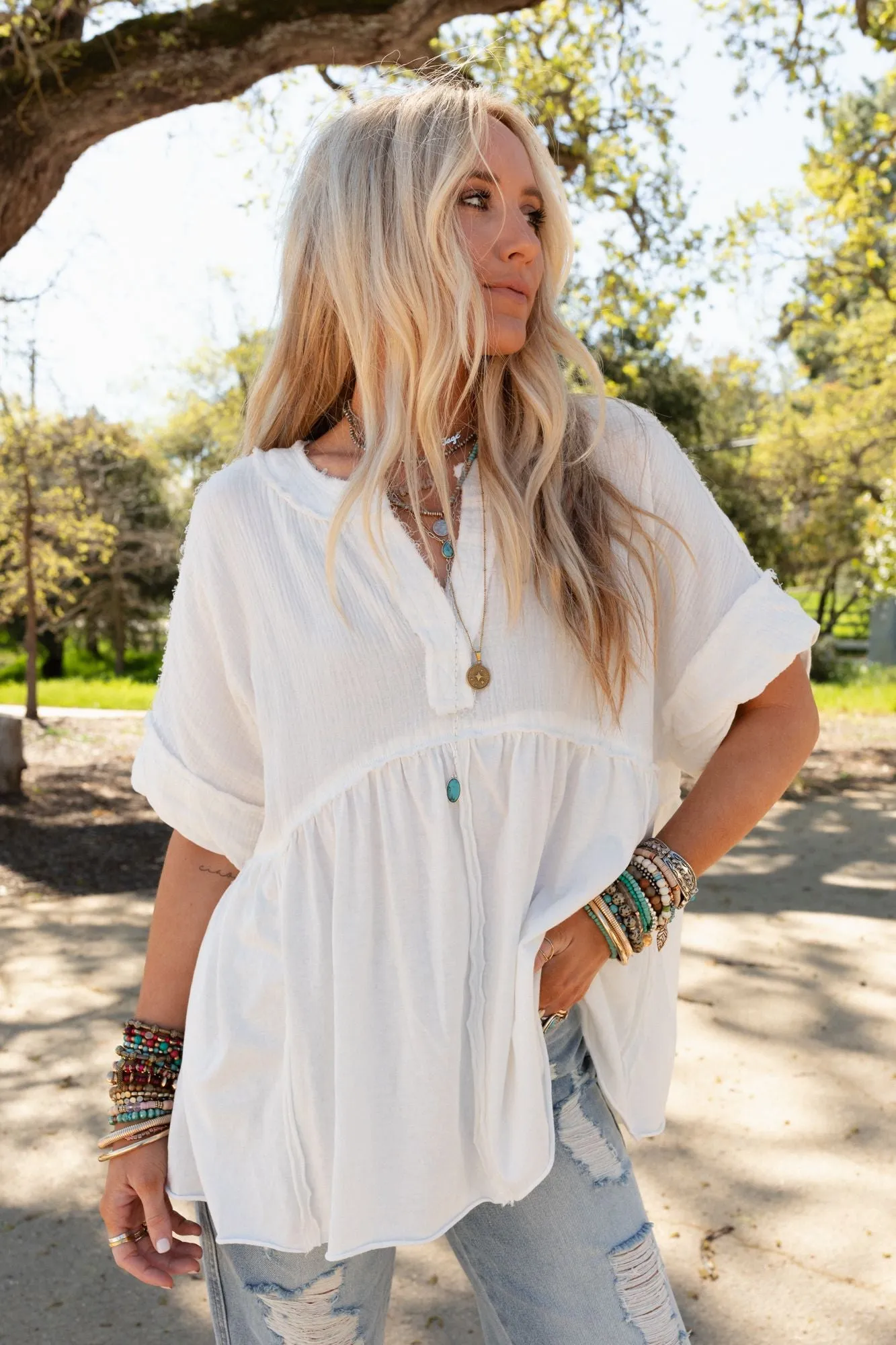 At First Light V Neck Top - Off White