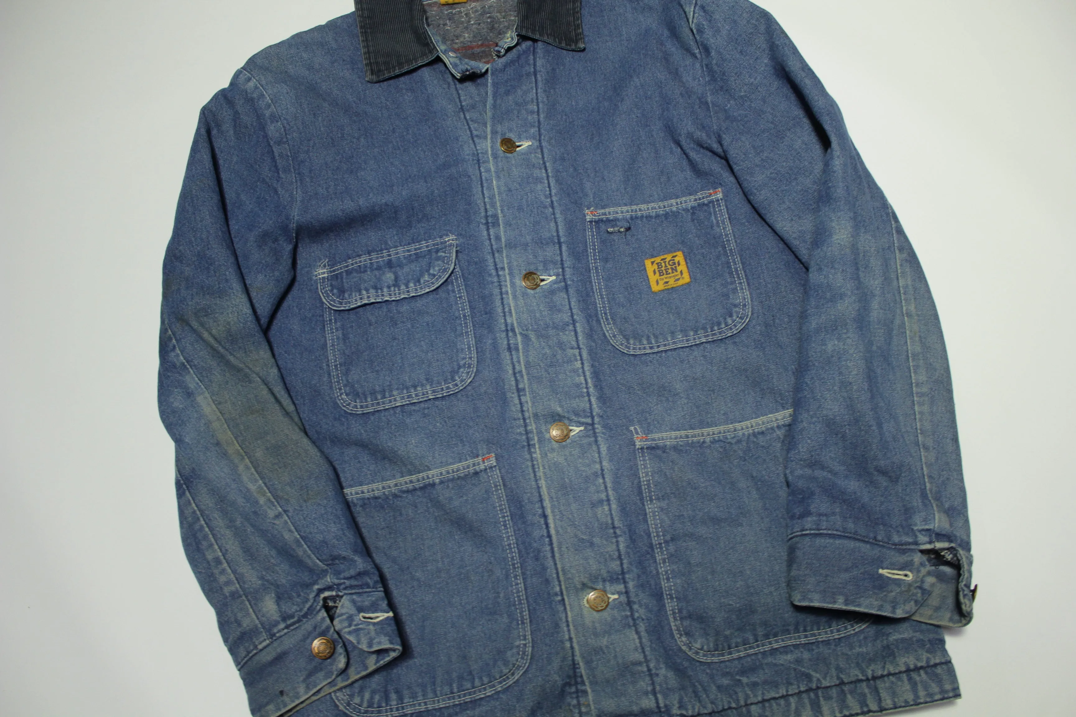 Big Ben Wrangler Vintage 80's Prison Chore Denim Work Coat Jean Jacket 4 Pocket USA