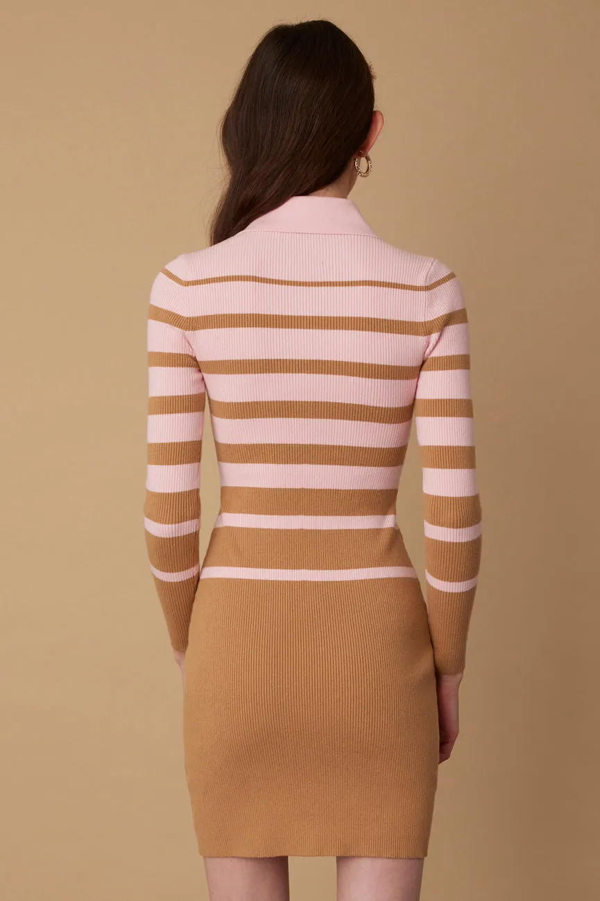 Camel/Blush Stripe Peachskin Long Sleeve Mini Polo Dress