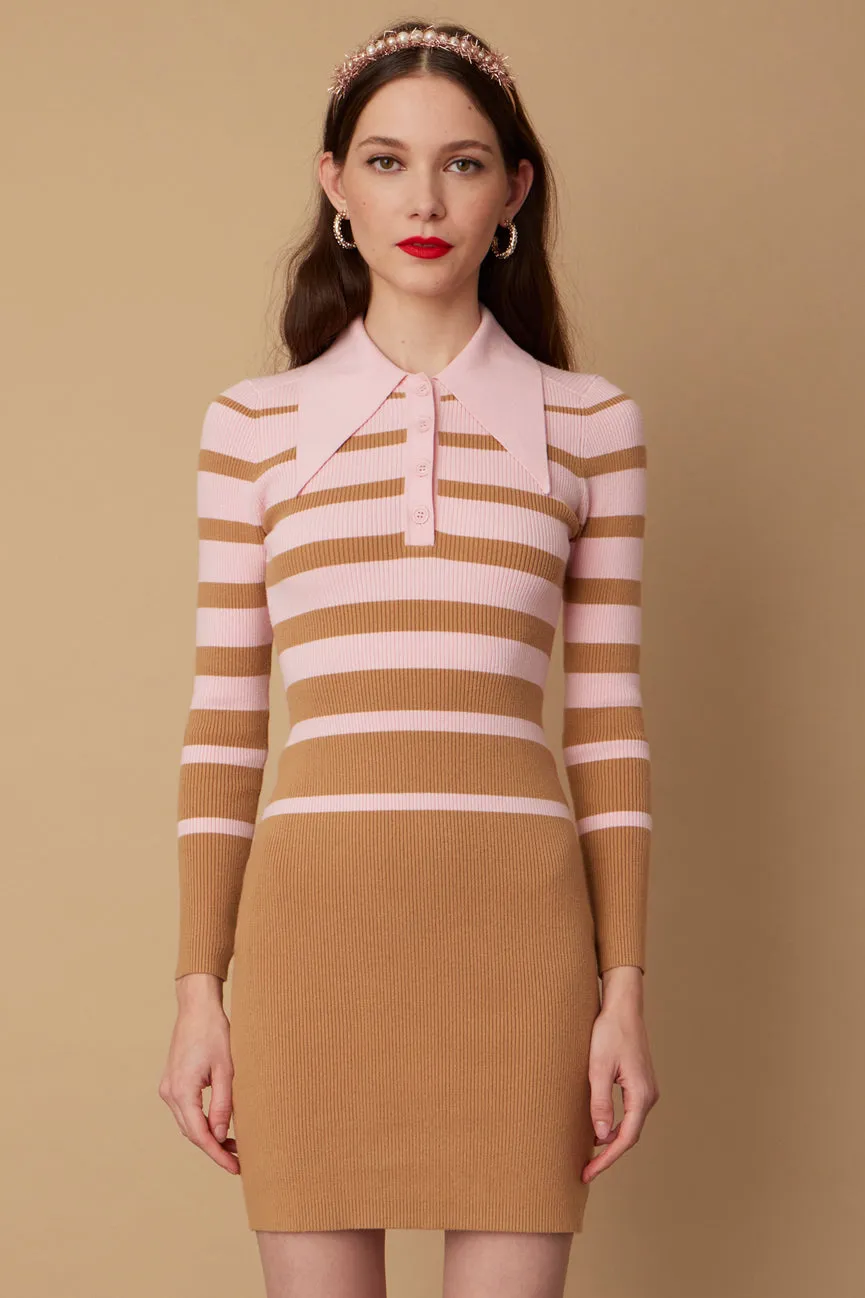 Camel/Blush Stripe Peachskin Long Sleeve Mini Polo Dress