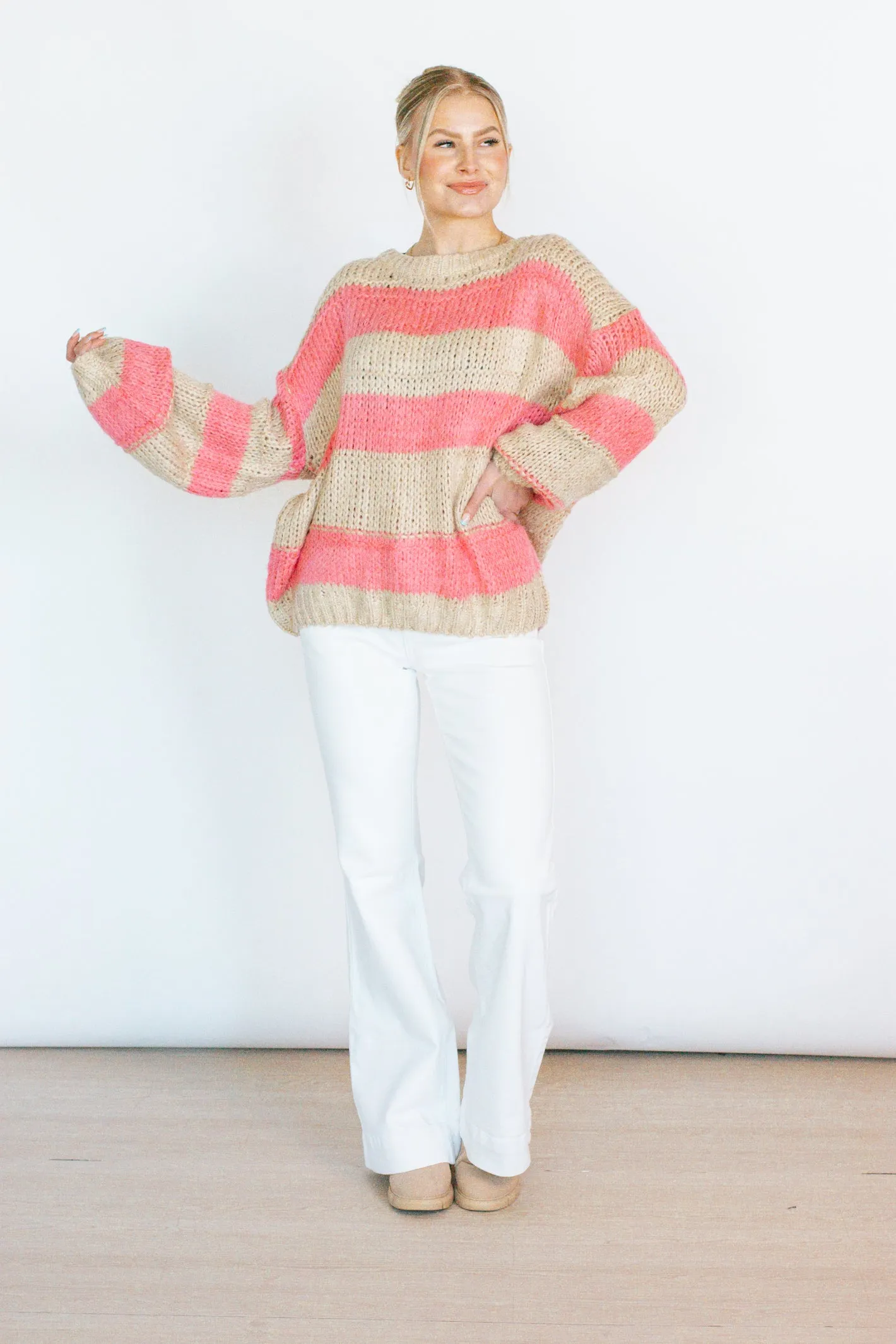 Delightful Ways Pink/Beige Stripe Sweater