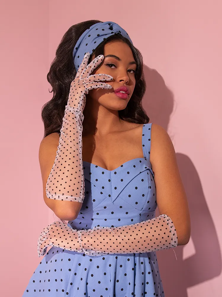 FINAL SALE - Mid-Length Black Polka Dot Gloves in White Mesh