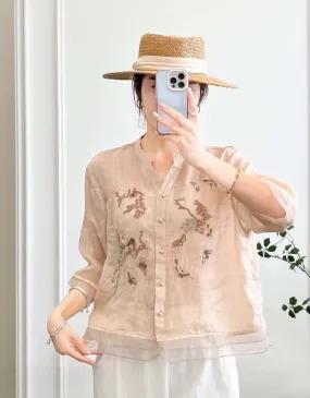 Linen Embroidery Mid-sleeve Shirt