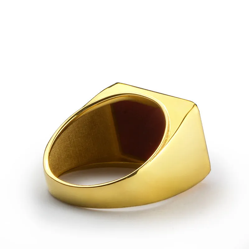 Men's Ring in 10k Yellow Gold with Agate, Natural Red Stone Ring for Men