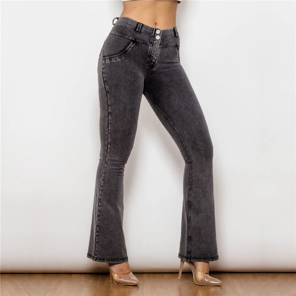 Mid Waist Dark Thread Grey Flare Jeans