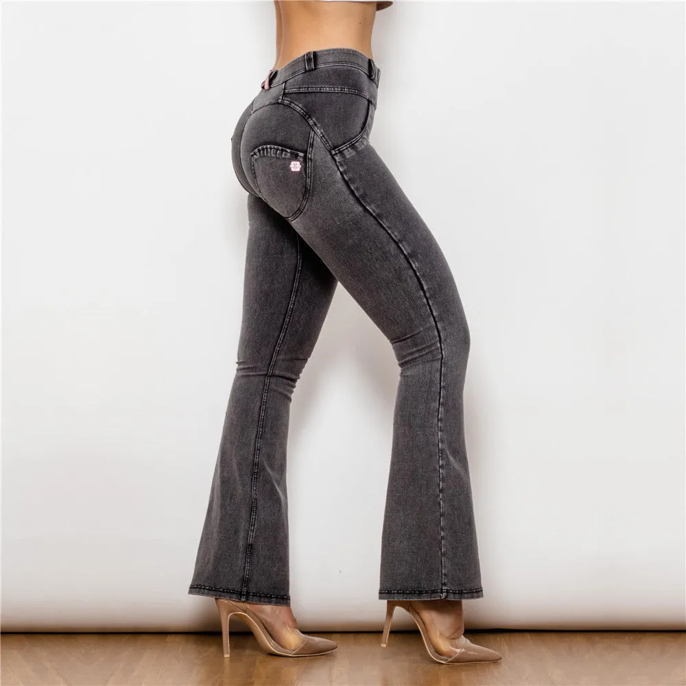 Mid Waist Dark Thread Grey Flare Jeans