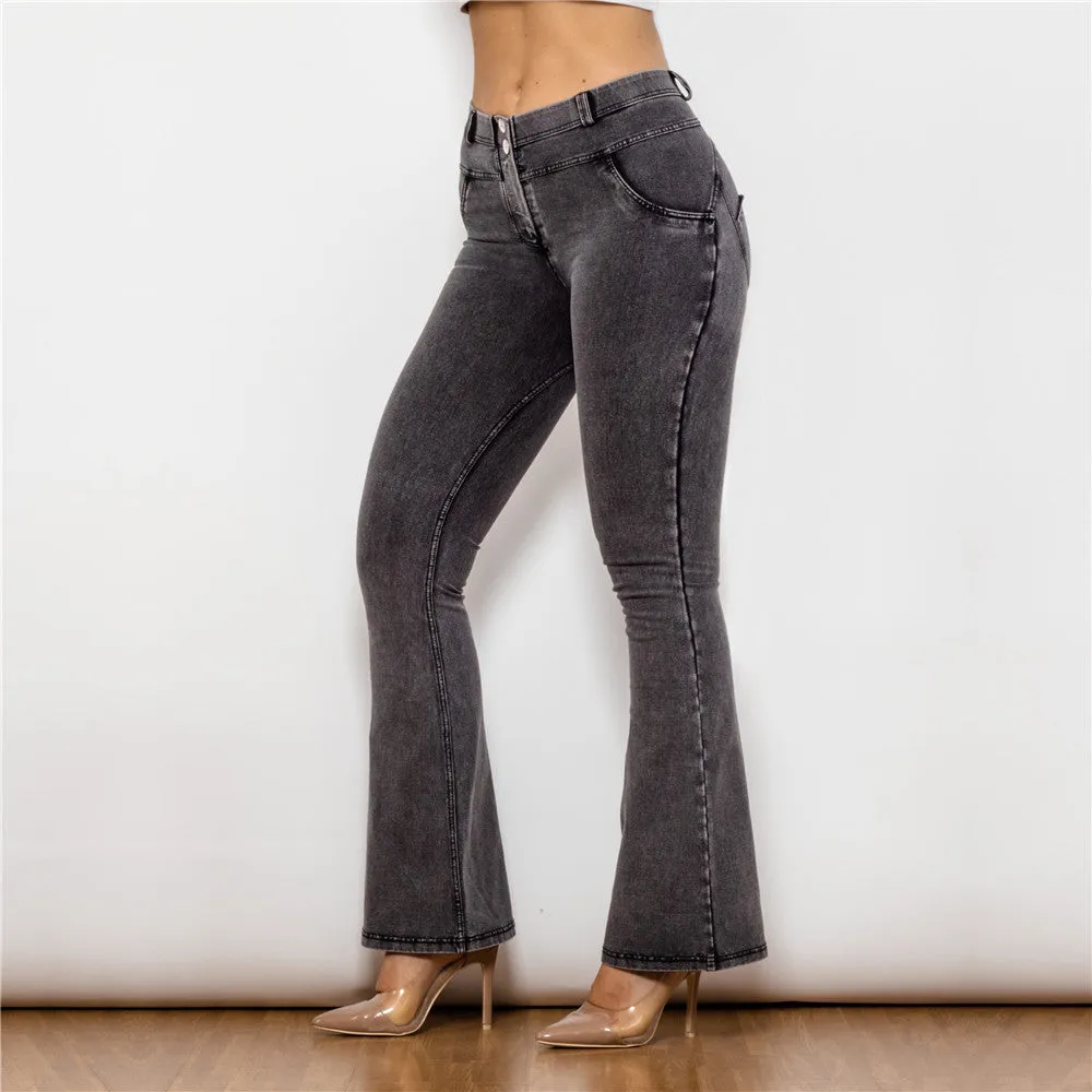 Mid Waist Dark Thread Grey Flare Jeans