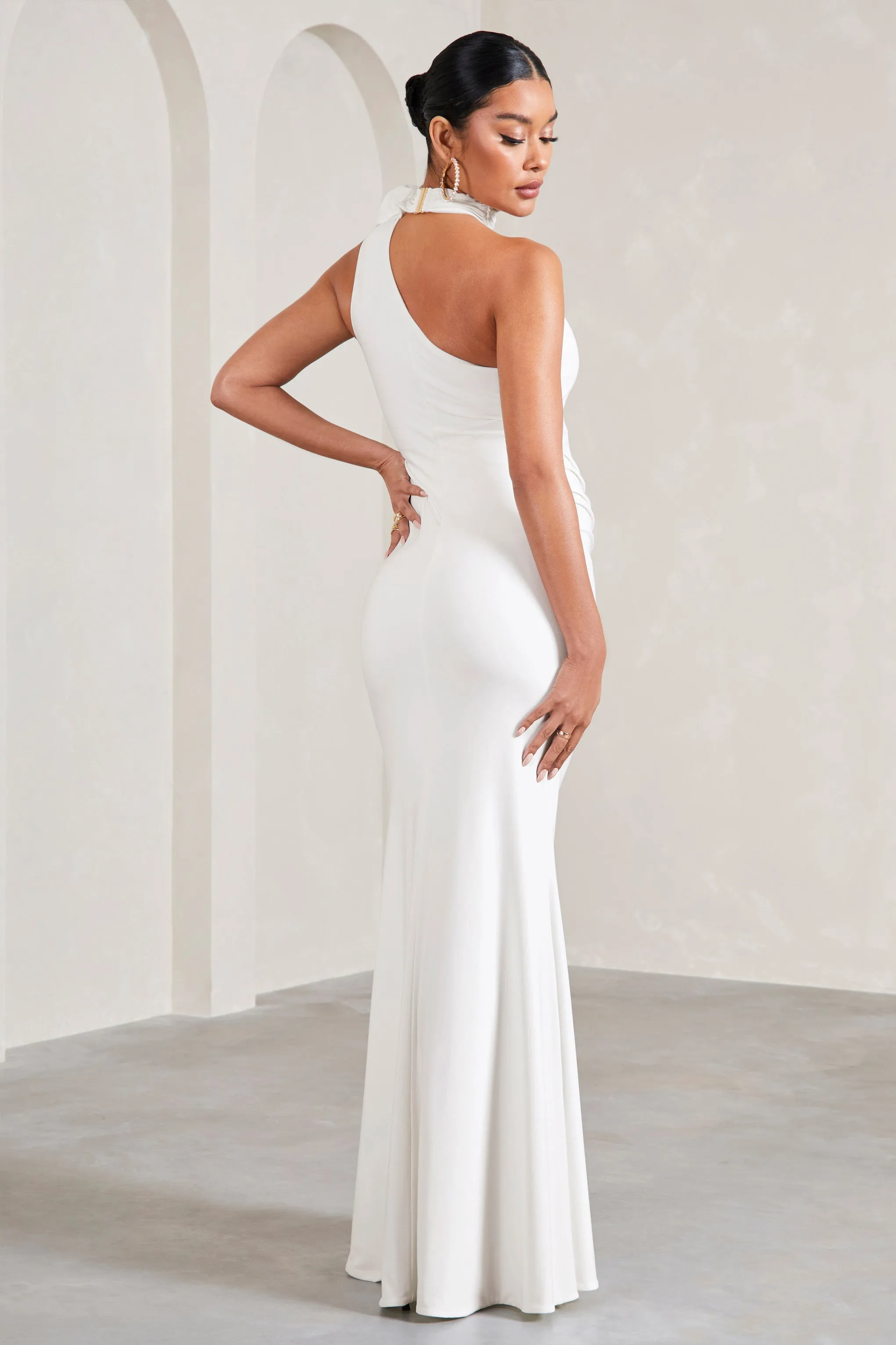 My Promise | White Asymmetric Halter Collar Maternity Maxi Dress With Flowers