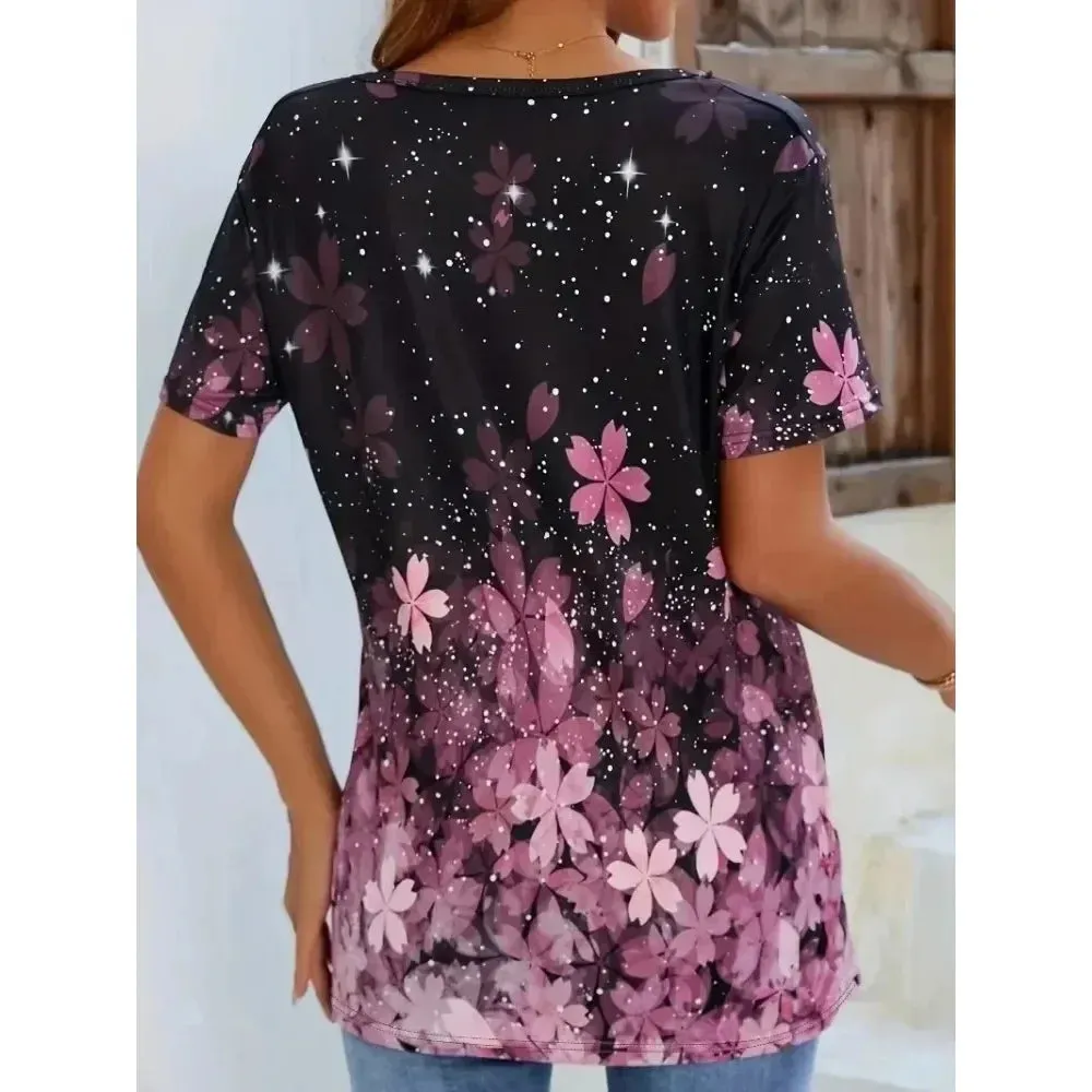 Plus Size 1XL-8XL Women Fashion Floral Print O Neck T-shirt Ladies Casual Short Sleeve Loose T Shirt Tops