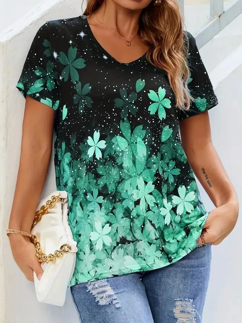 Plus Size 1XL-8XL Women Fashion Floral Print O Neck T-shirt Ladies Casual Short Sleeve Loose T Shirt Tops