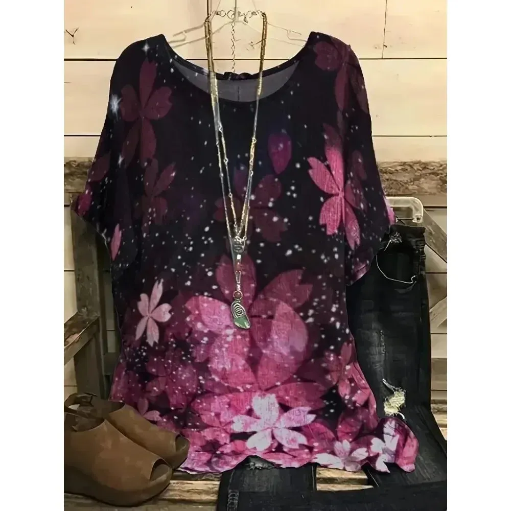 Plus Size 1XL-8XL Women Fashion Floral Print O Neck T-shirt Ladies Casual Short Sleeve Loose T Shirt Tops