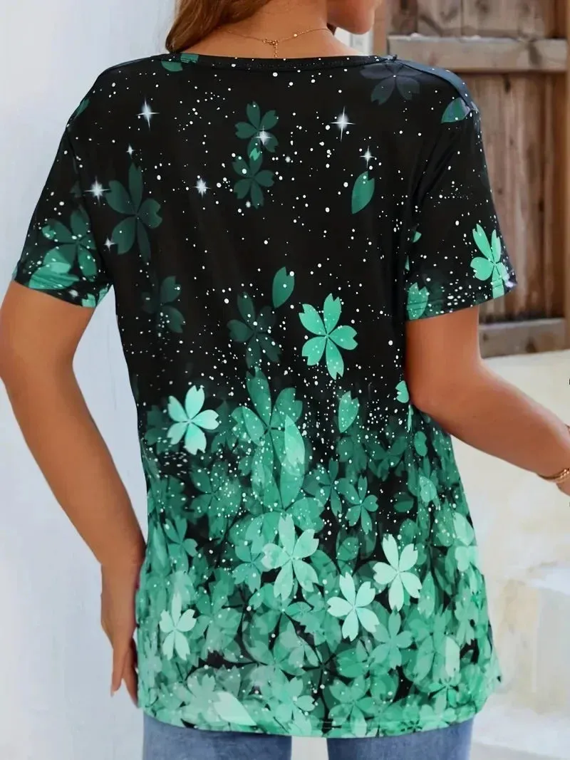 Plus Size 1XL-8XL Women Fashion Floral Print O Neck T-shirt Ladies Casual Short Sleeve Loose T Shirt Tops