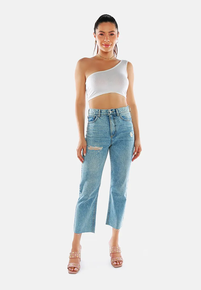 Ripped Raw Hem Washed Jeans Pants