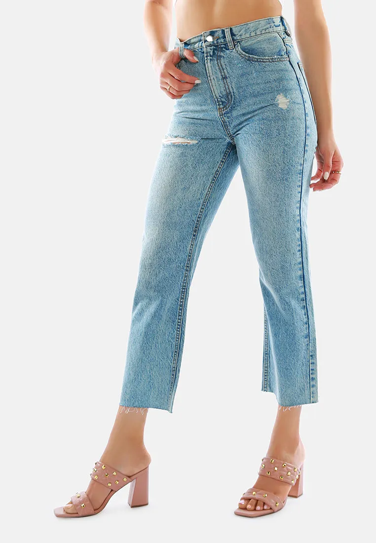 Ripped Raw Hem Washed Jeans Pants