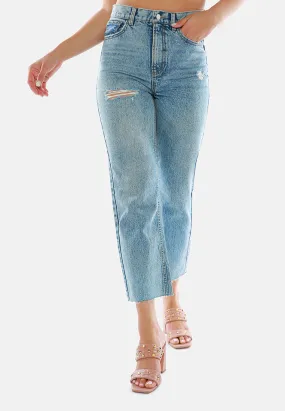 Ripped Raw Hem Washed Jeans Pants