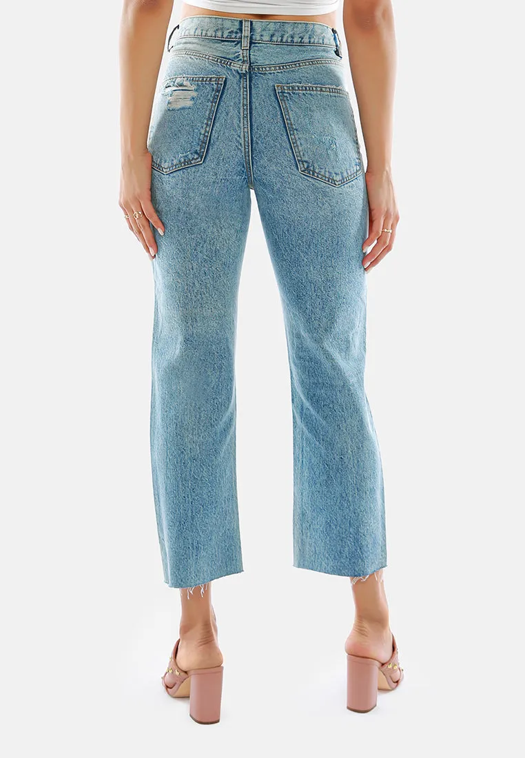 Ripped Raw Hem Washed Jeans Pants