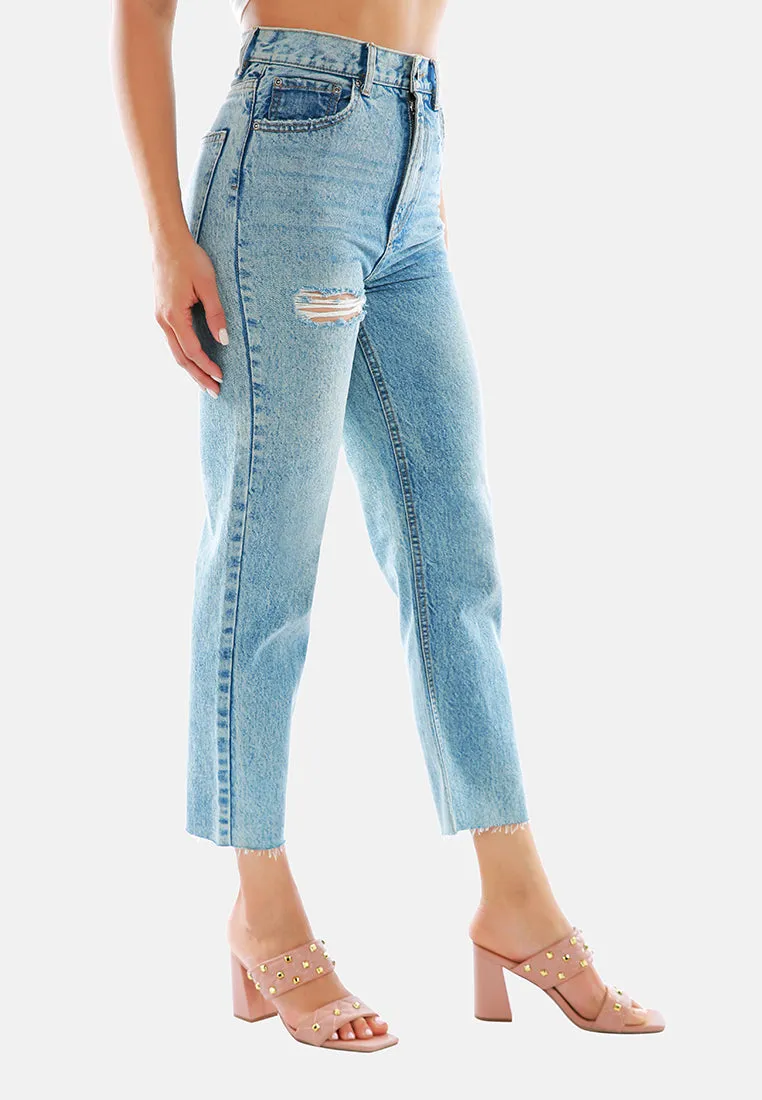 Ripped Raw Hem Washed Jeans Pants