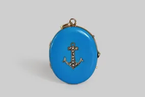 Victorian Era Anchor Motif Locket with Blue Enamel & Pearls in 14k Gold